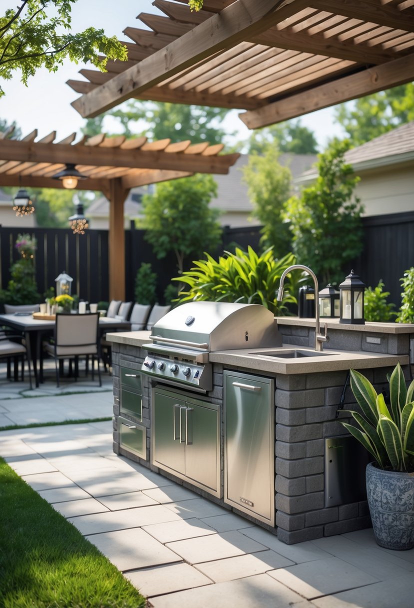 v2 14ay6h jwidi An outdoor kitchen with a built-in grill, stone countertops, bar seating, and surrounding greenery in a backyard setting.