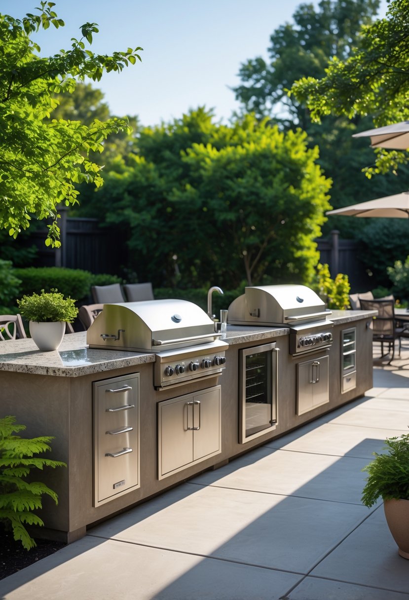 v2 14ay78 zhjzl Outdoor kitchen with granite and concrete countertops, built-in grill, and patio furniture surrounded by greenery.