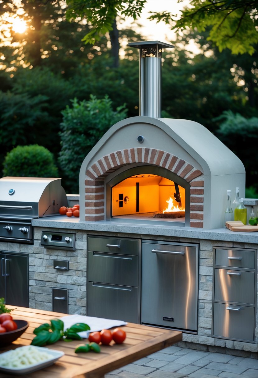 v2 14ay7j ts6gk Outdoor kitchen with a built-in pizza oven, stone countertops, and a dining table with fresh pizza ingredients.