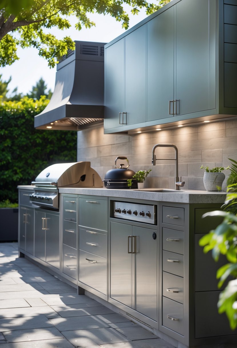 v2 14ay7v bus9h Outdoor kitchen with custom weatherproof cabinets, built-in grill, sink, and countertop surrounded by greenery.