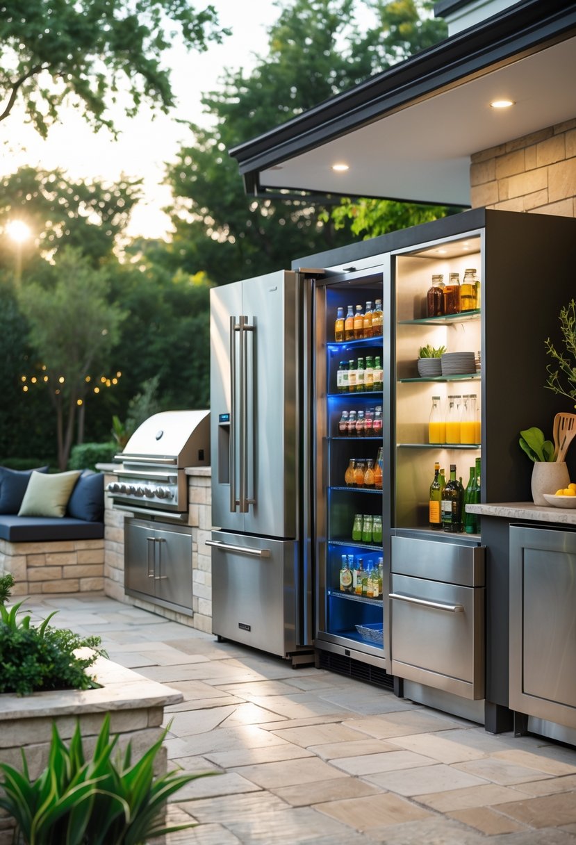 v2 14ay89 jv503 An outdoor kitchen with a stainless steel refrigerator and beverage center on a stone patio surrounded by plants and seating.