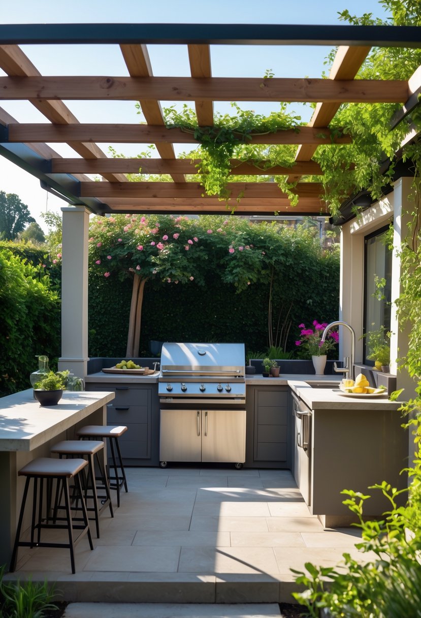 v2 14ay8w svv9b Outdoor kitchen under a wooden pergola with grill, countertop, seating, and greenery in a backyard.
