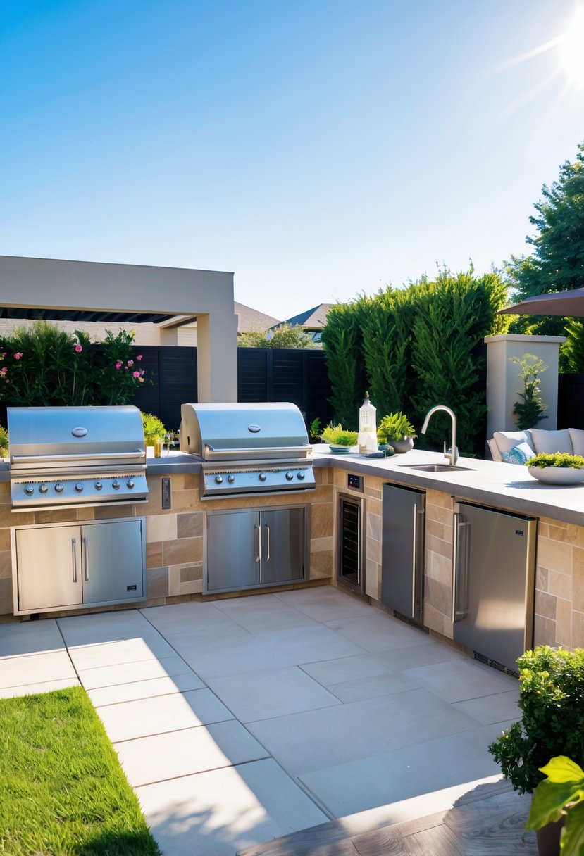 v2 14ay98 4f28a An outdoor kitchen with stainless steel appliances, stone countertops, seating areas, and greenery in a backyard.