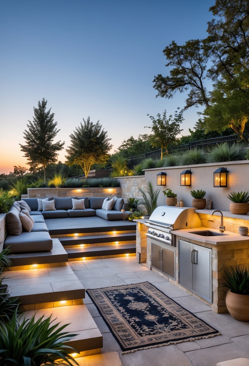 v2 14ayae 4udgg Outdoor space with multi-level seating terraces and a built-in outdoor kitchen surrounded by plants and trees.