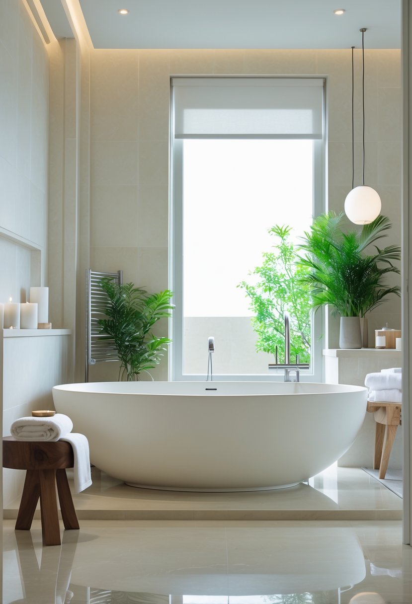 v2 14ayru 9bj3r A spacious bathroom with a white freestanding soaking tub near a large window, surrounded by towels, plants, and bathroom accessories.