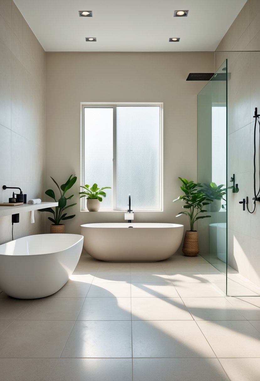 v2 14aysl v3gvg A bright bathroom with large floor tiles, a freestanding bathtub, a floating vanity, and a glass shower enclosure.