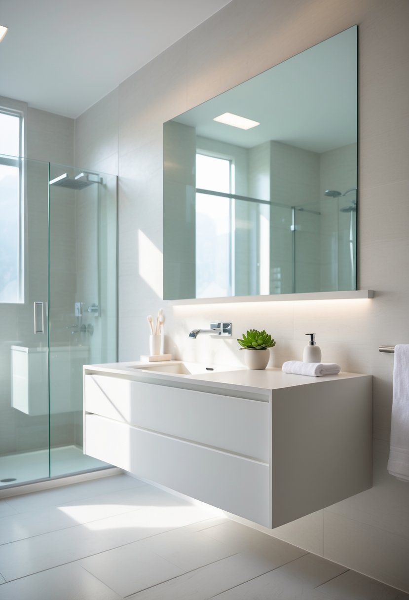 v2 14ayt4 9sqev A modern bathroom with a floating vanity, large mirror, and walk-in shower, featuring clean surfaces and natural light.