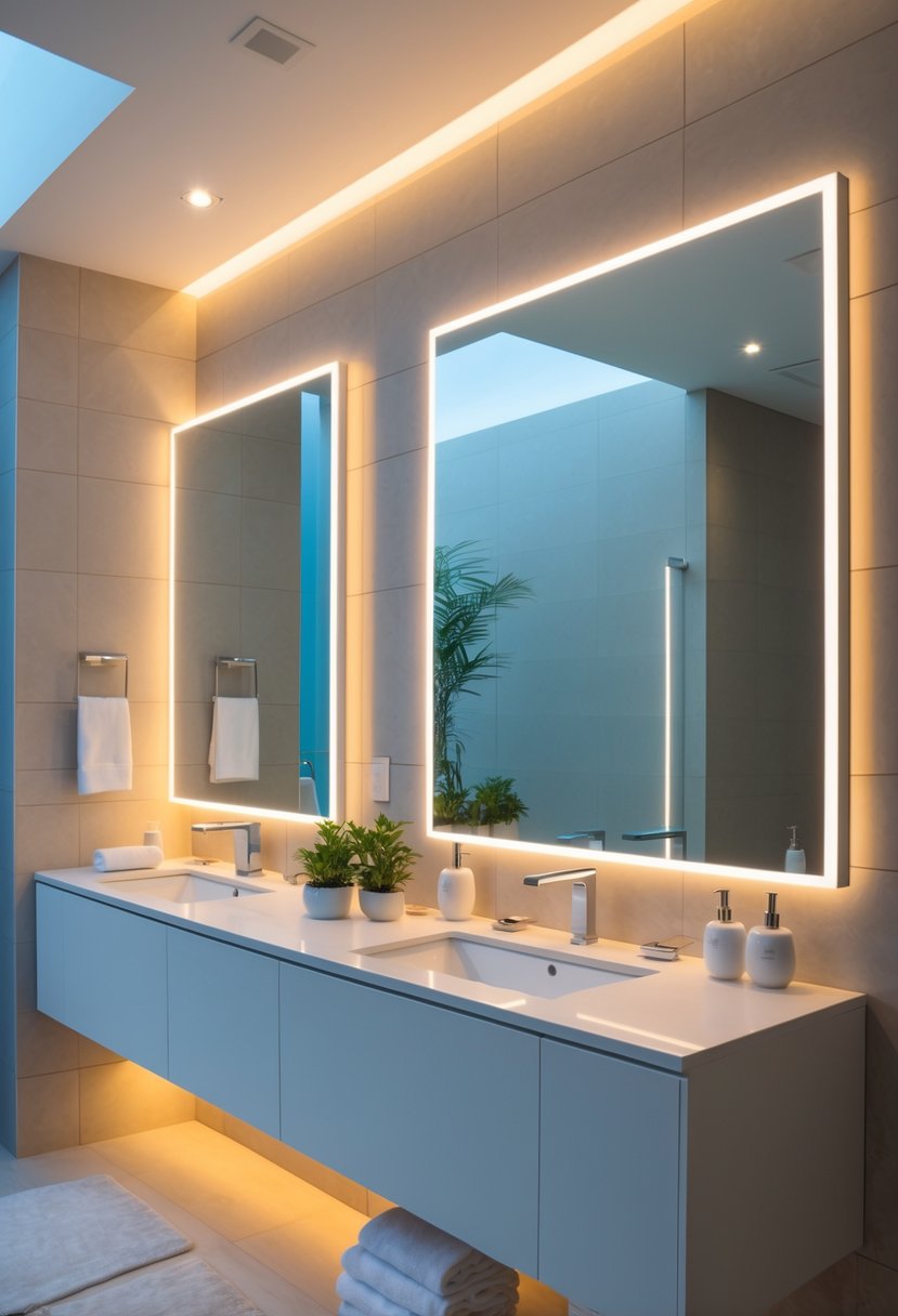 v2 14ayti v37pj A clean bathroom with backlit mirrors above a floating vanity, featuring modern fixtures and soft ambient lighting.