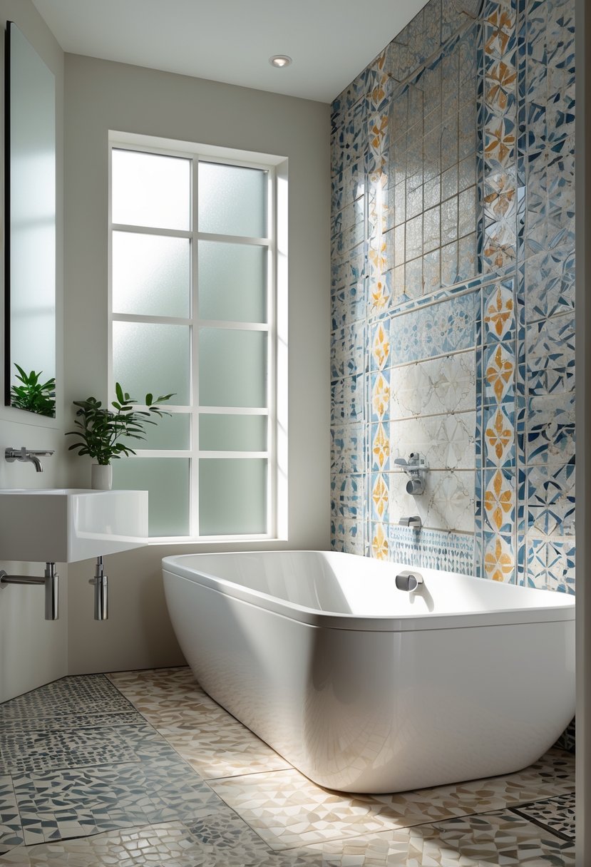 v2 14ayv9 A modern bathroom with a bathtub and decorative mosaic tile walls and floor, lit by natural light from a window.
