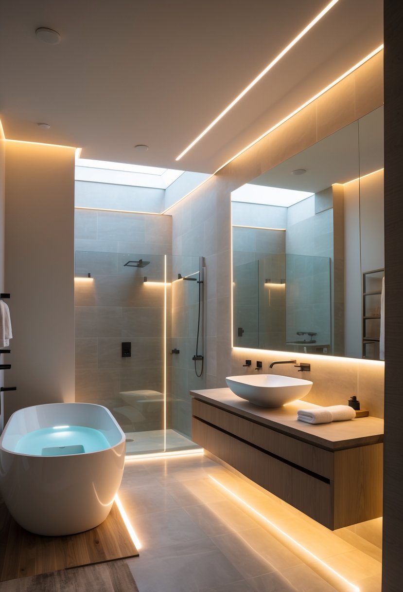 v2 14ayvl 3noii A modern bathroom with integrated LED lighting highlighting a freestanding bathtub, illuminated mirror, and walk-in shower.