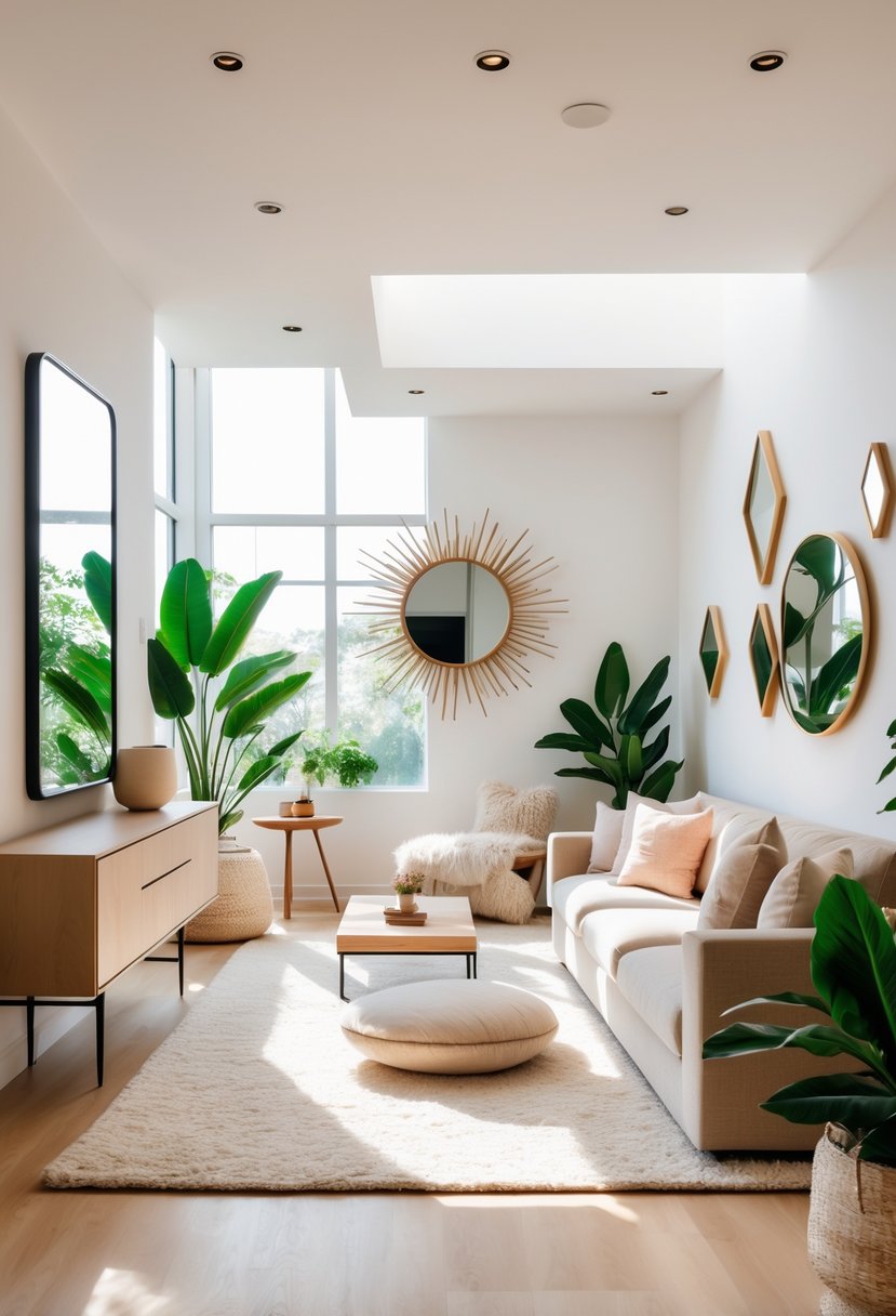 v2 14csb4 hnsv8 A living room with several decorative wall mirrors, a sofa, plants, and natural light coming through windows.