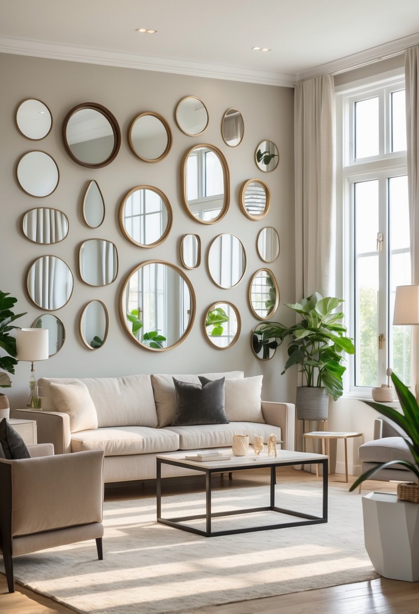 v2 14csbt tatni A living room with a wall covered in various shaped and sized mirrors arranged in a gallery style above a sofa.