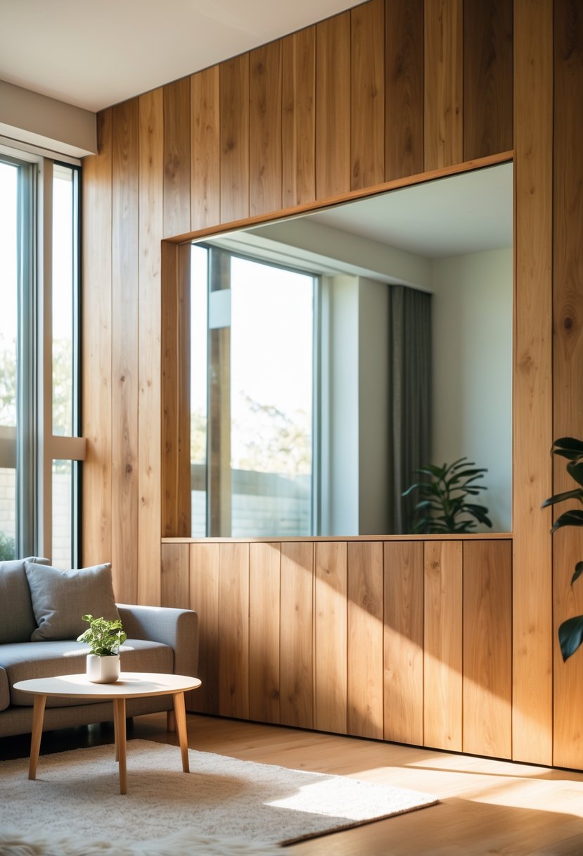v2 14cscg 2snar Living room with a natural wood-paneled wall featuring a large built-in mirror reflecting light.