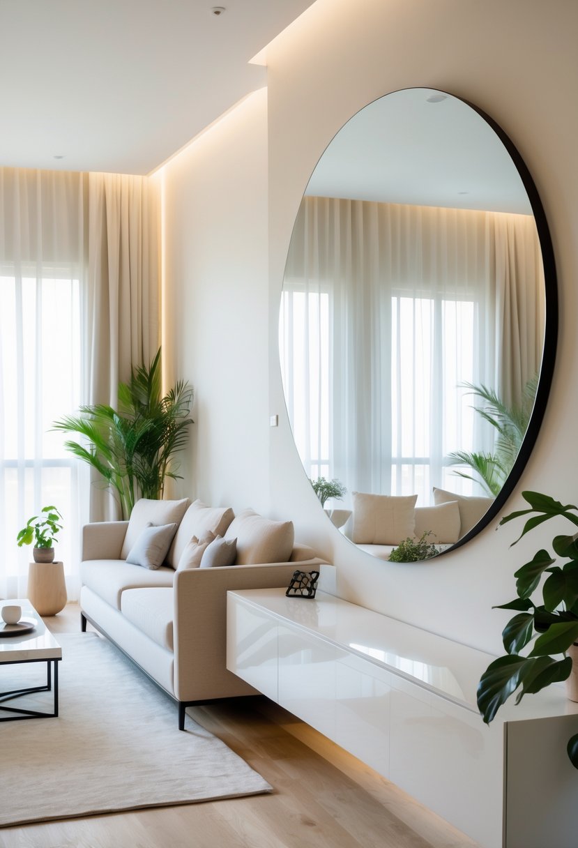 v2 14cscu A living room with an oversized round wall mirror above a console table, a sofa, coffee table, and a potted plant.