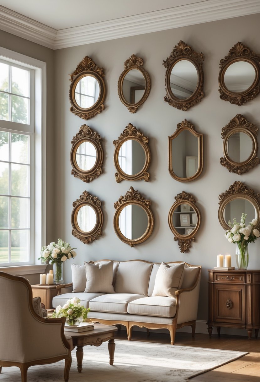 v2 14csd7 lifne A living room wall decorated with multiple ornate framed mirrors reflecting light and surrounding furniture.