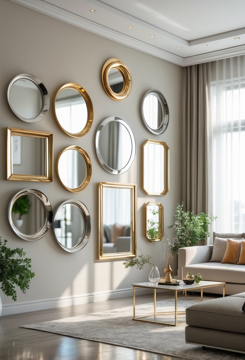 v2 14cseh wynjv A living room wall decorated with multiple metallic framed mirrors reflecting light, with a sofa and coffee table in the foreground.