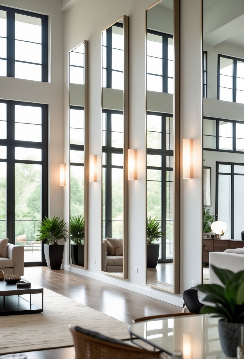 v2 14csew f9g5r A modern living room with tall, slim mirrors on the walls reflecting light and making the space appear taller.