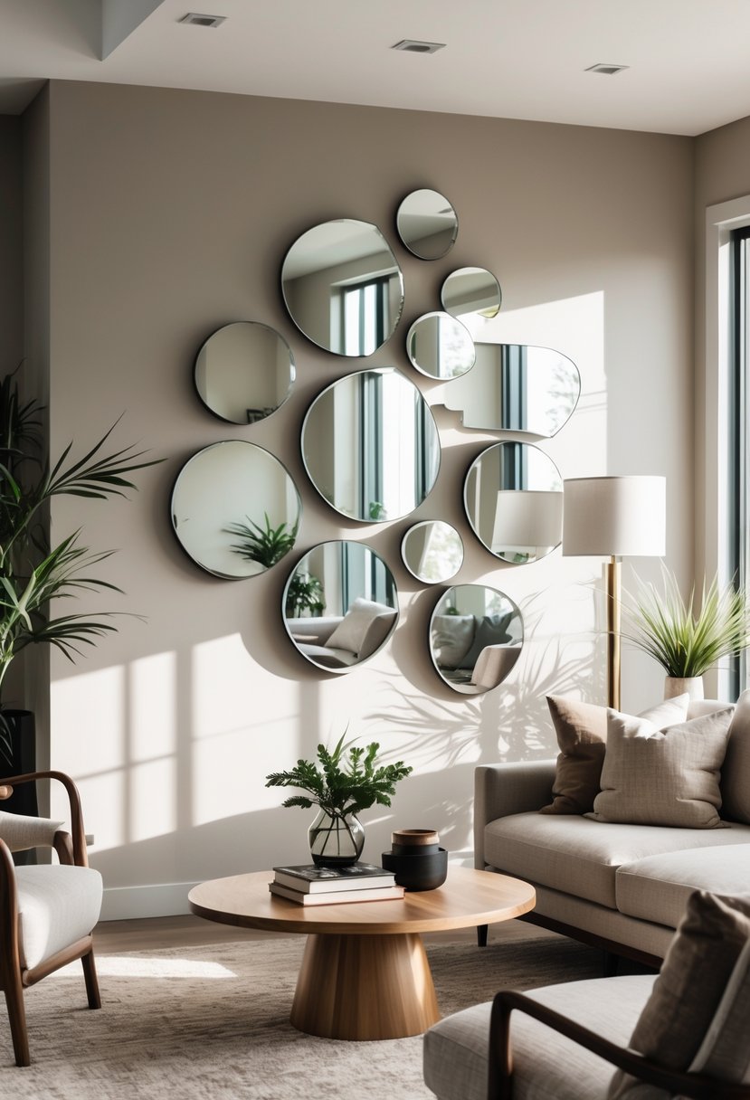 v2 14csg6 447td Living room wall decorated with a cluster of small mirrors arranged to create depth and visual interest.
