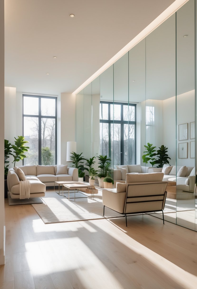 v2 14csgy dqe34 A bright living room with large frameless wall mirrors reflecting natural light and modern furniture.