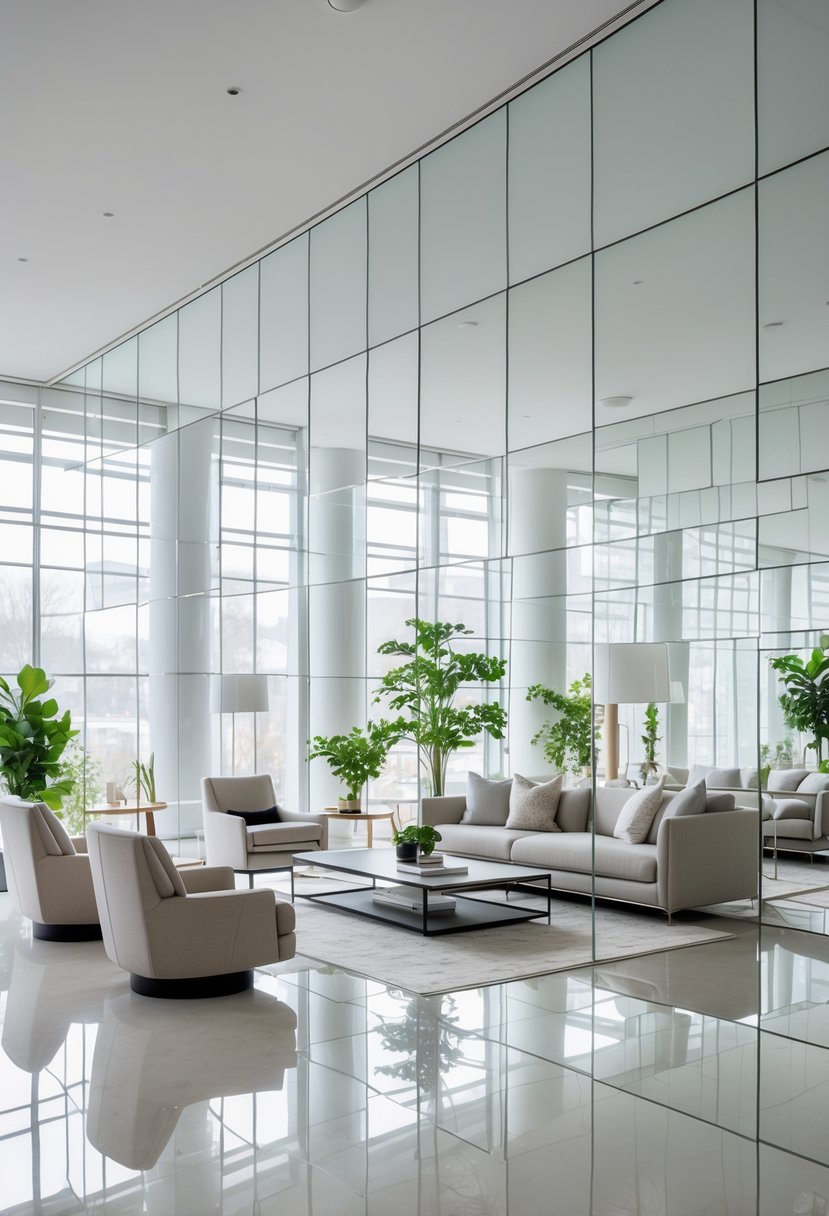 v2 14cshm tsz8r A spacious living room with large mirrored wall panels reflecting natural light and furniture.