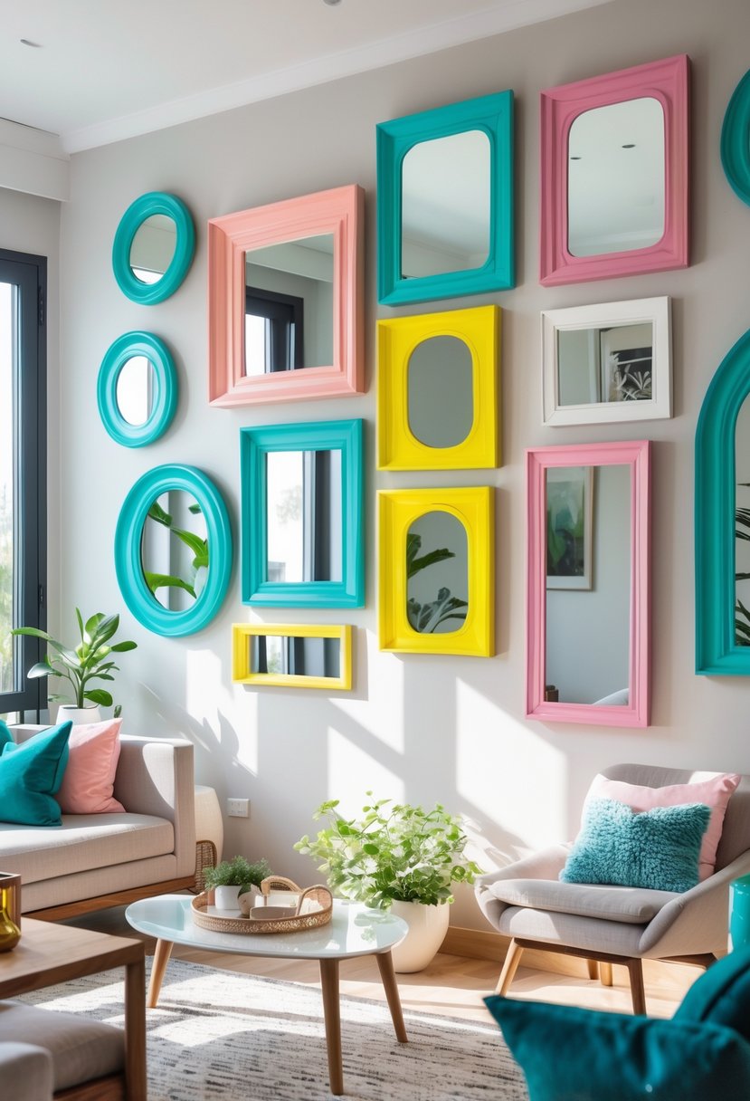 v2 14cshz ec92o A living room wall decorated with several large mirrors framed in teal, pink, and yellow, with modern furniture and natural light.