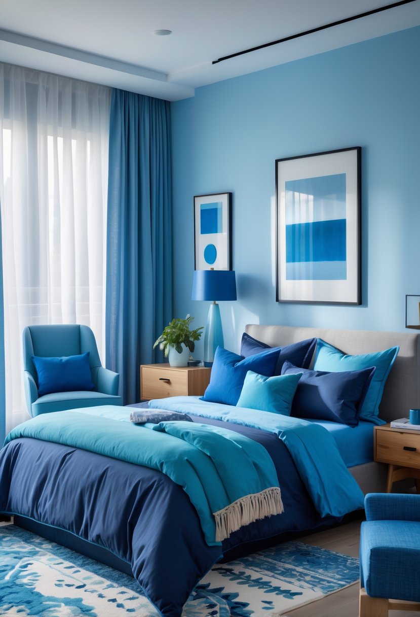 v2 14csu0 wwzec A blue-themed bedroom with a large bed, blue bedding, a wooden nightstand with a lamp and plant, a reading chair, and natural light coming through white curtains.