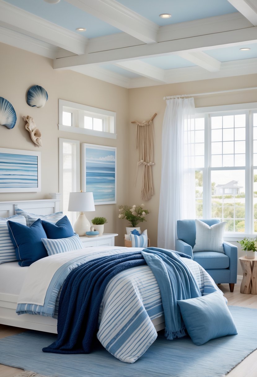 v2 14csvf vadfk A bedroom with blue bedding, pillows, and coastal decorations, featuring natural light and wooden furniture.