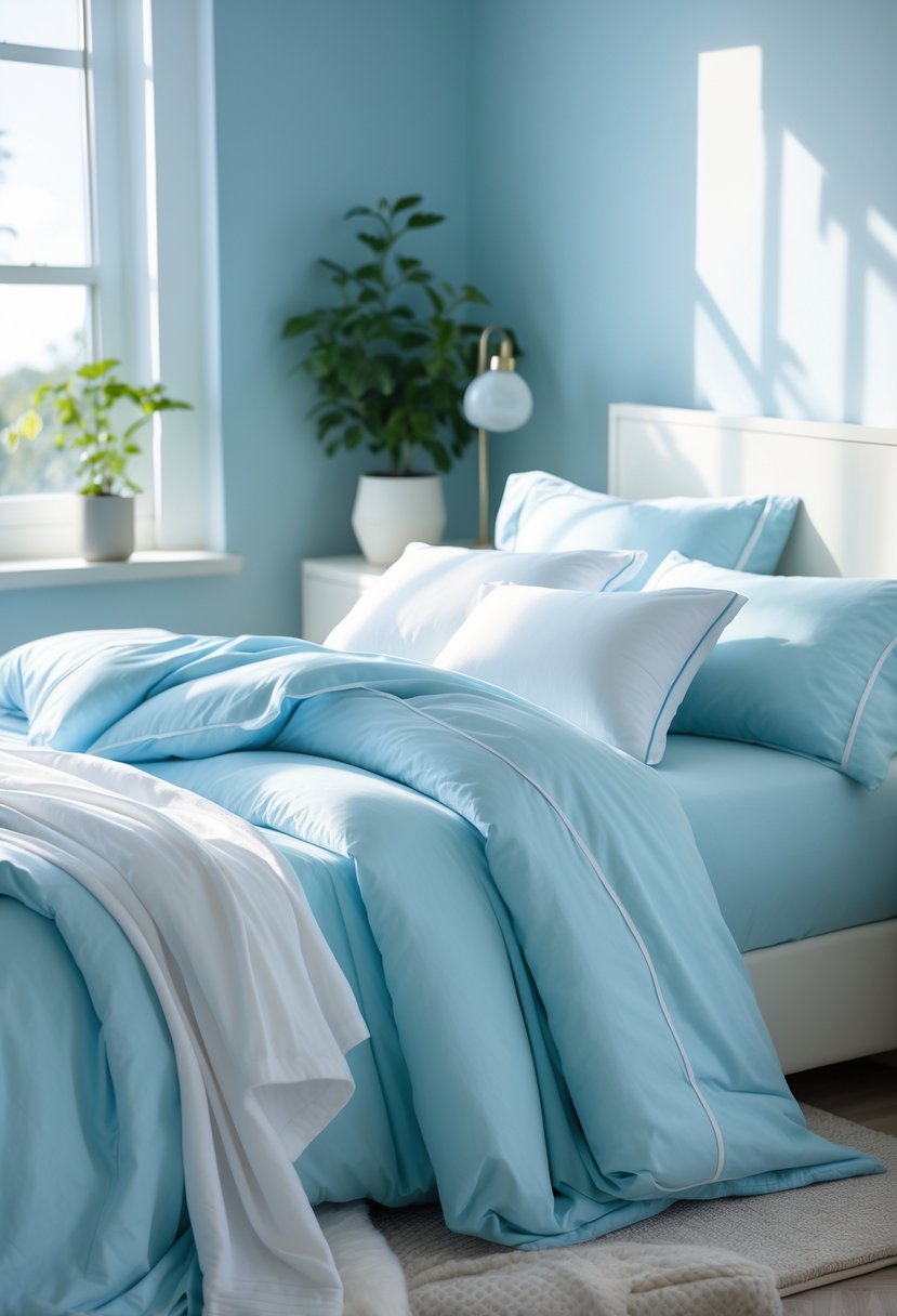 v2 14csw6 A bedroom with a neatly made bed featuring light blue bedding with white accents, a bedside table with a lamp and plant, and soft natural light coming through a window.