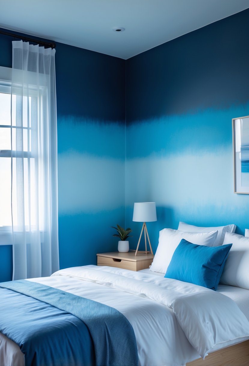 v2 14cswv A bedroom with a blue ombré painted wall, a bed with white and blue bedding, a nightstand with a lamp, and natural light coming through a window.