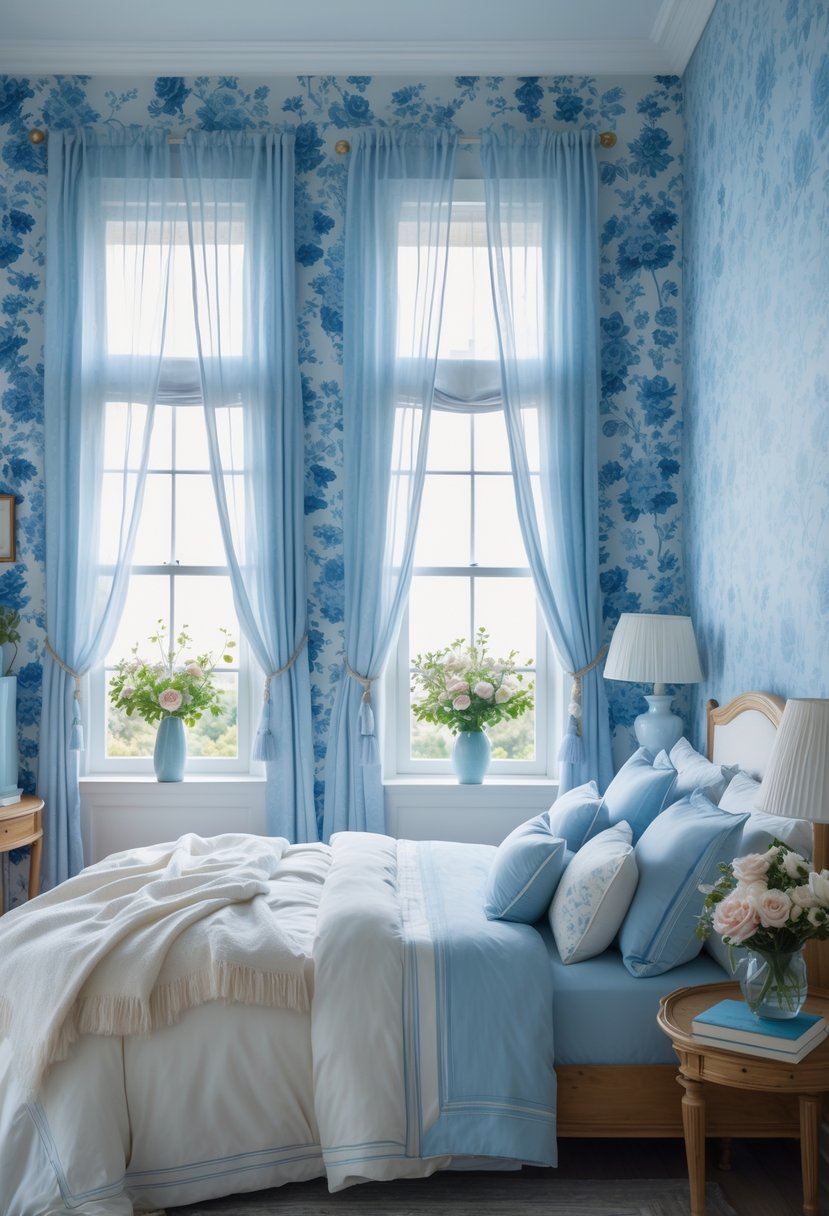 v2 14csyp sjsin A bedroom with blue floral wallpaper, a bed with white and blue bedding, wooden furniture, and soft natural light coming through a window.