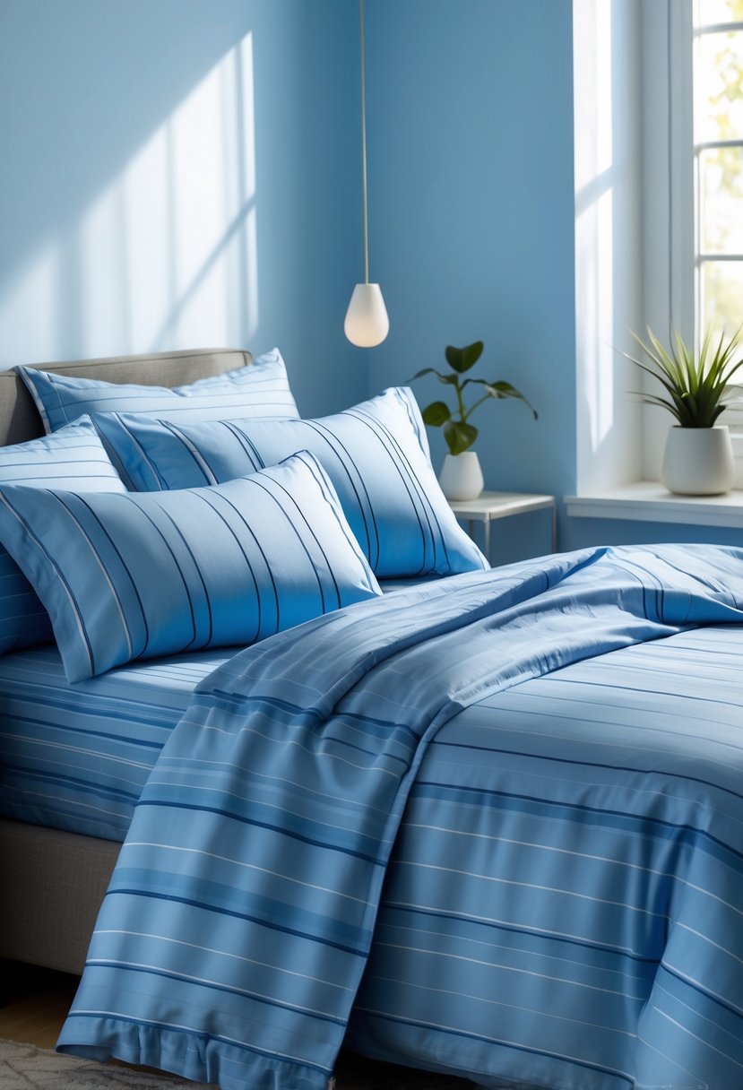 v2 14csz1 4tndl A bedroom with a neatly made bed featuring blue striped bedding and soft natural light coming through a window.