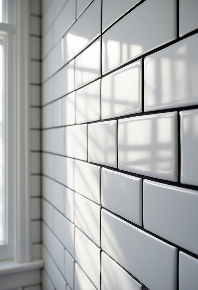 v2 14ctx7 srb1i Close-up view of a bathroom wall with white subway tiles and dark grout lines.