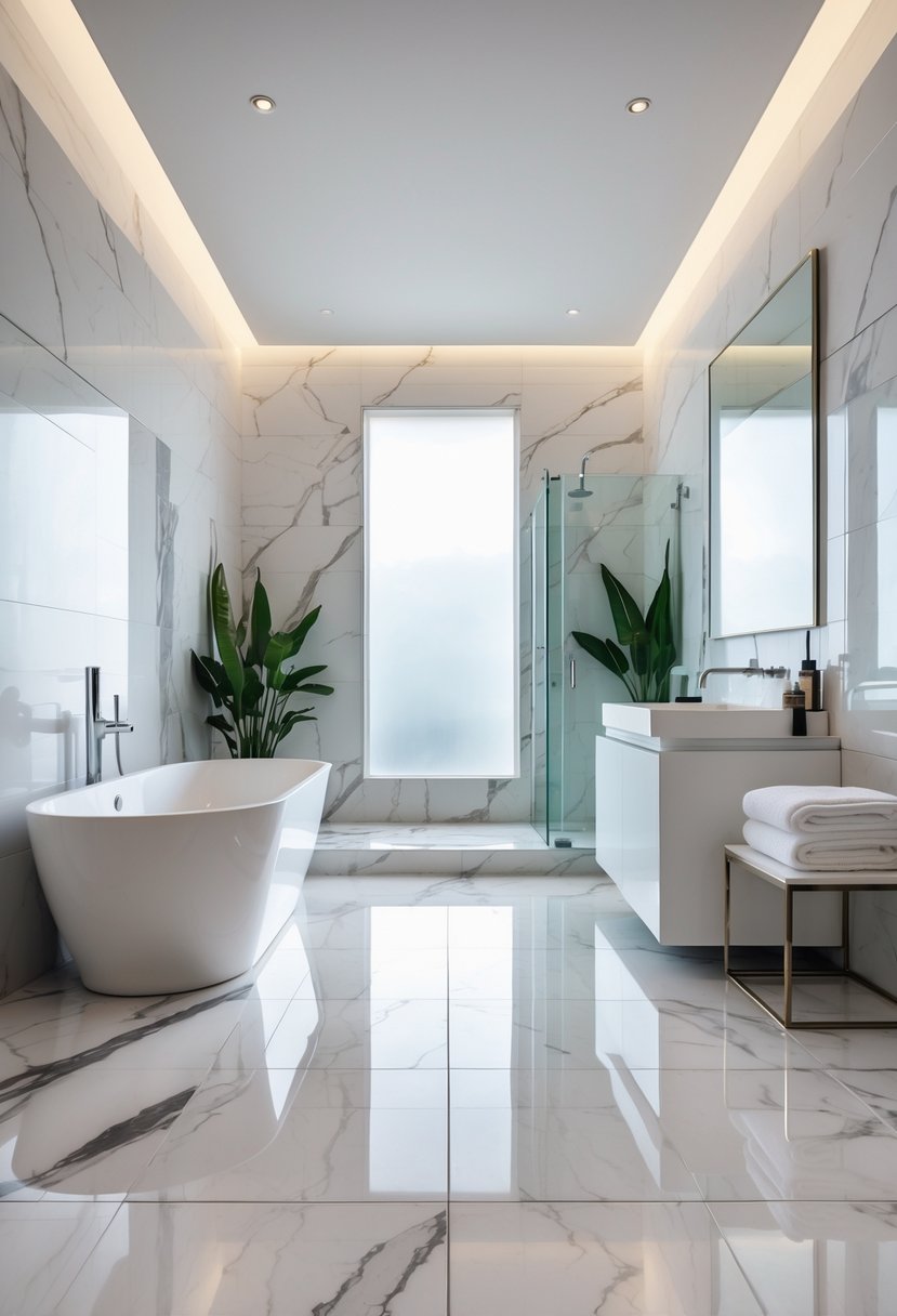 v2 14ctxj 3vowu A spacious bathroom with white and grey marble tiles on the walls and floor, featuring a freestanding bathtub, glass shower, and vanity with mirror.