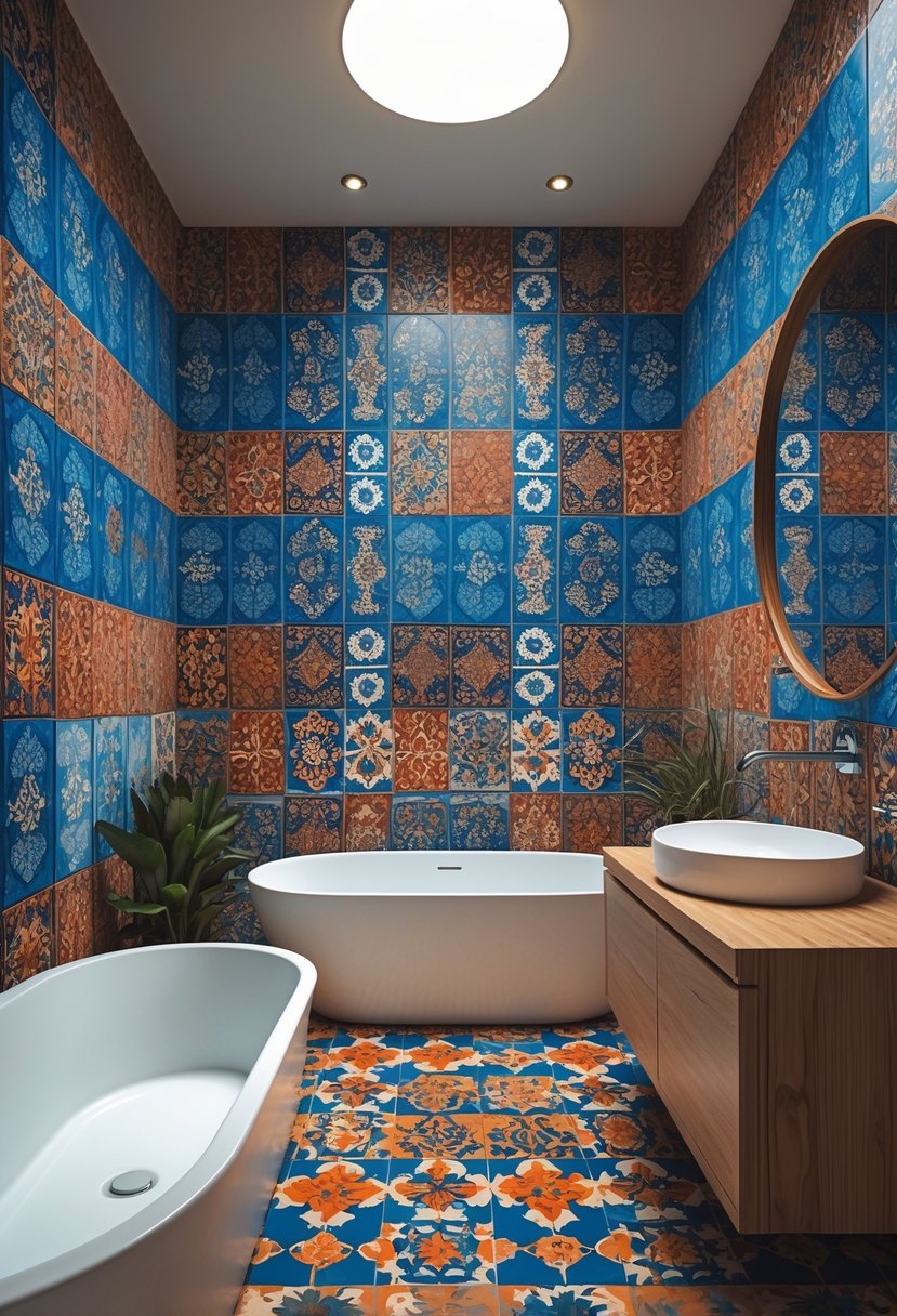 v2 14ctxw 9h55f A modern bathroom with colorful patterned tiles on the walls and floor, featuring a white bathtub and wooden vanity.