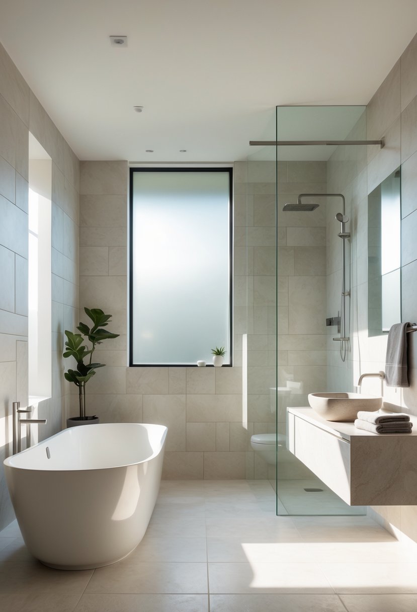 v2 14ctyy 1pqnu A modern bathroom with large light-colored porcelain tiles on the walls and floor, featuring a freestanding bathtub, floating vanity, and glass shower enclosure.