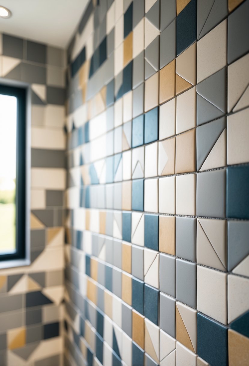 v2 14cu00 Close-up view of a bathroom wall covered with geometric-shaped tiles in soft muted colors.