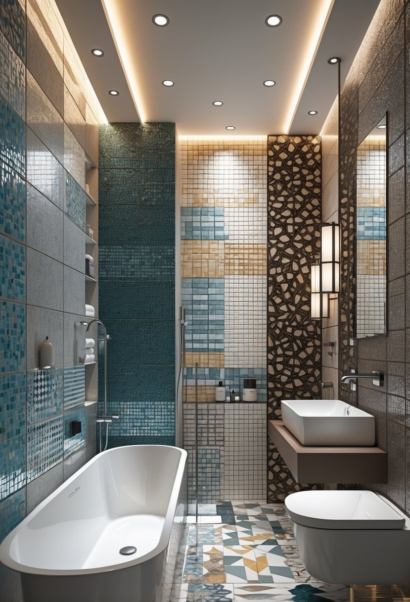 v2 14cu0b ne5hm A modern bathroom with several mosaic tile accent walls in different colors and patterns, featuring a bathtub and sink.