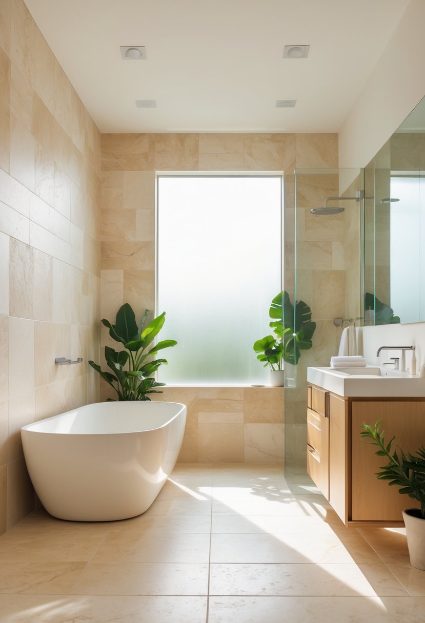 v2 14cu0n 982ry A modern bathroom with natural limestone tiles on the walls and floor, featuring a freestanding bathtub, glass shower, and wooden vanity with plants.