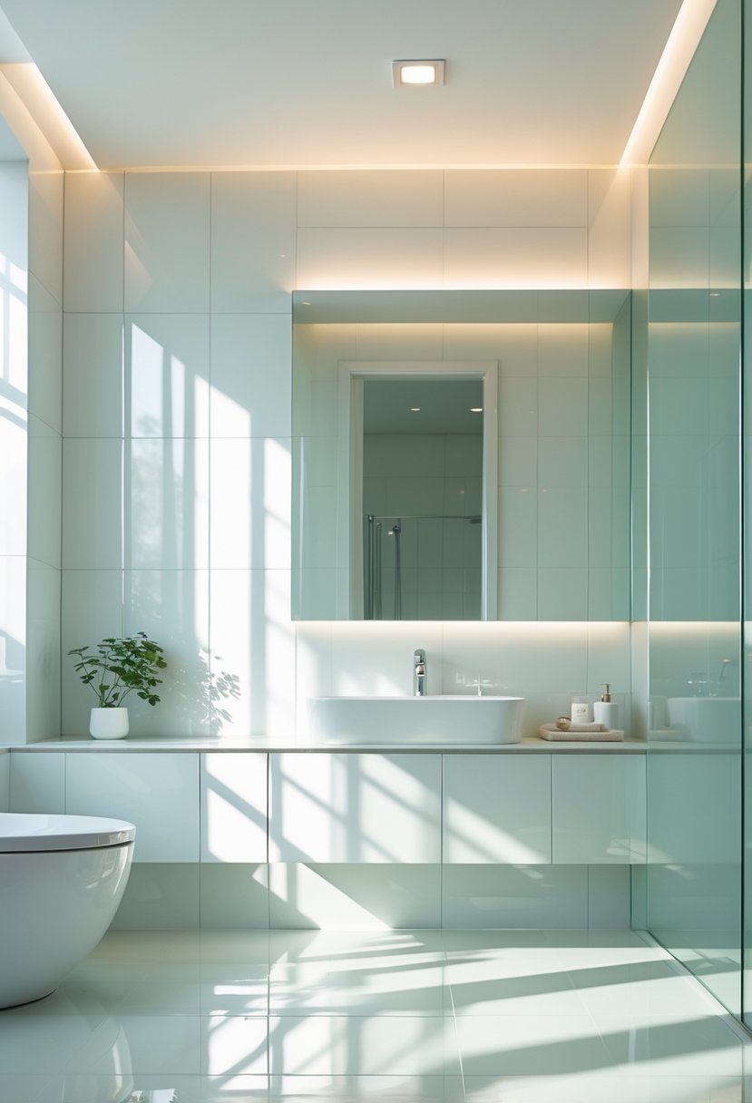 v2 14cu1d amr7a A bright bathroom wall covered with glossy glass tiles, featuring a sink, faucet, mirror, and a small plant.