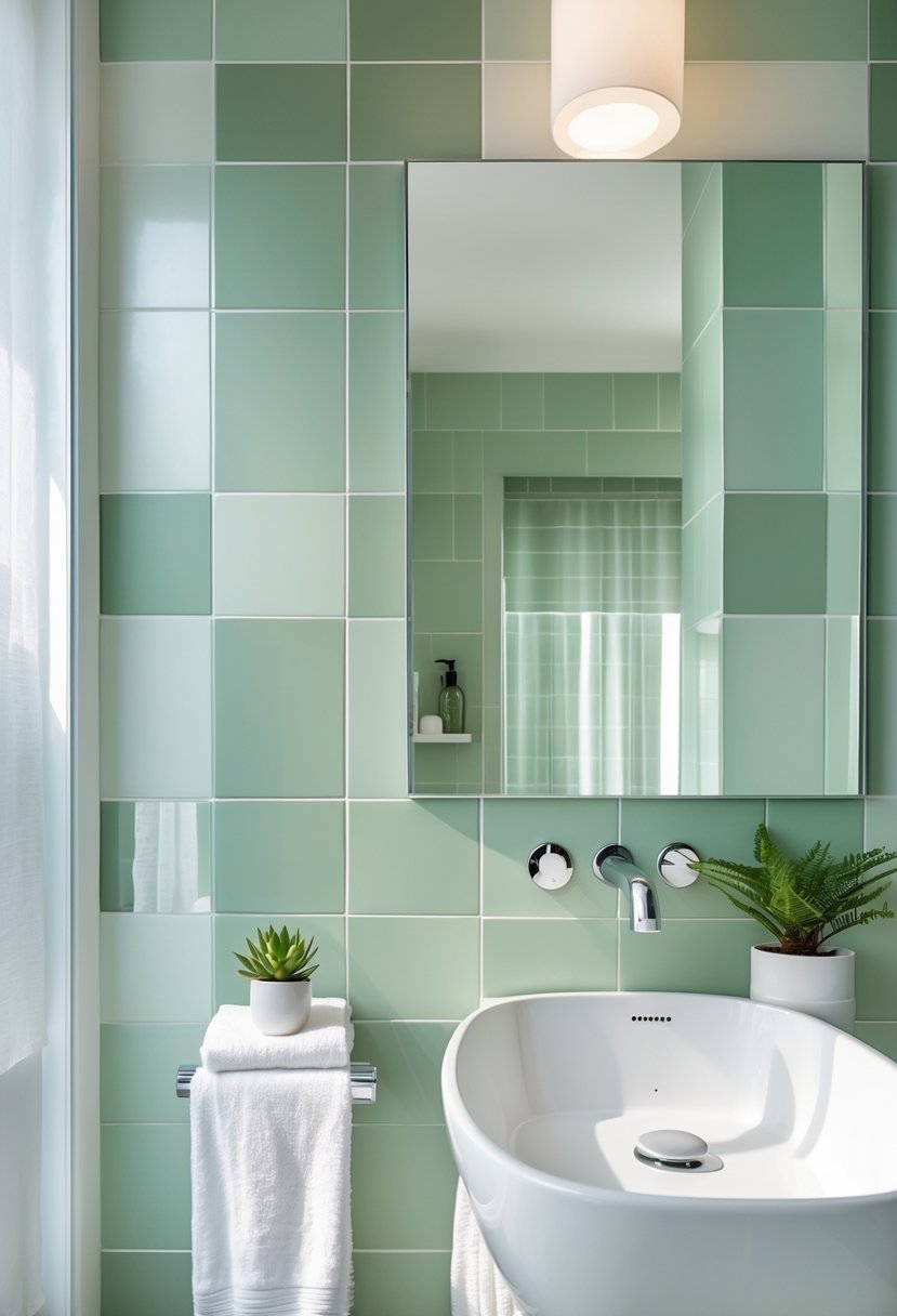 v2 14cu1p ffl23 A bathroom wall covered with soft green ceramic tiles, a white sink with a chrome faucet, a mirror, and a small plant on the counter.