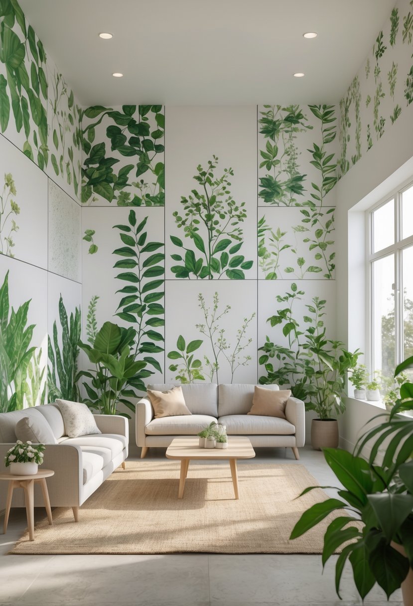 v2 14cub6 A modern living room with large windows, a sofa, wooden coffee table, indoor plants, and walls decorated with various botanical patterned wallpapers.