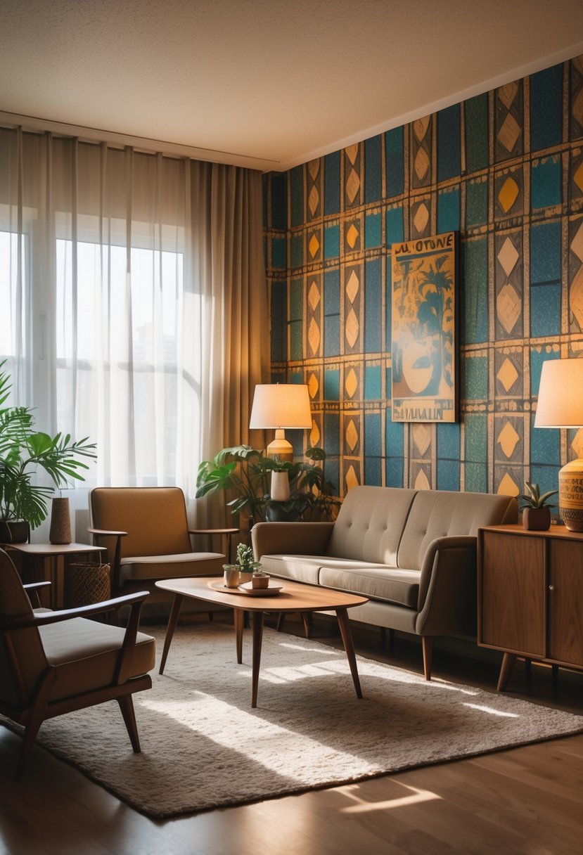 v2 14cubi Living room with a sofa, wooden furniture, and colorful patterned wallpaper on the walls.