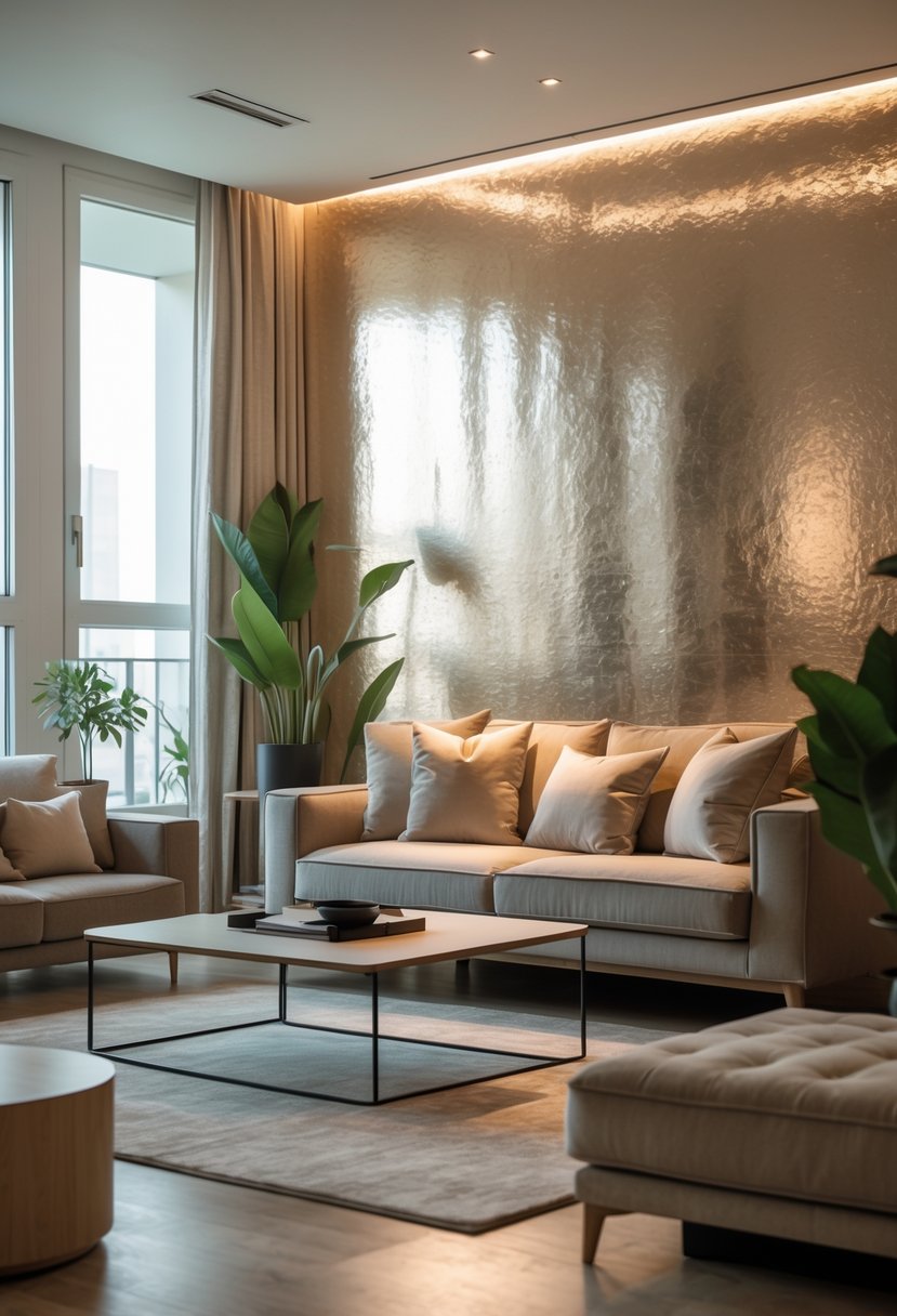 v2 14cuc8 onkhq A living room with a metallic foil wallpaper accent wall, a sofa, coffee table, plants, and natural light coming through windows.