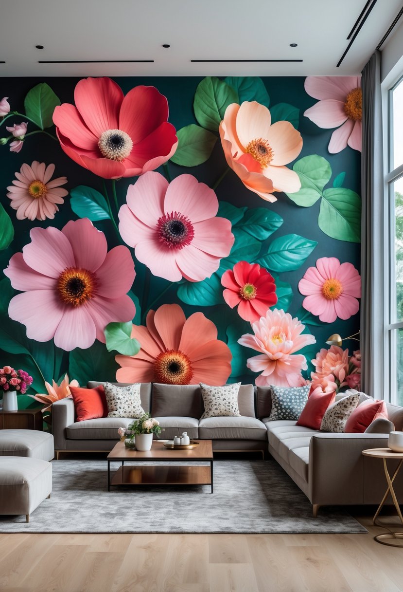 v2 14cuco 7kh8l A spacious living room with large floral murals on the walls, featuring a sofa and coffee table under natural light.