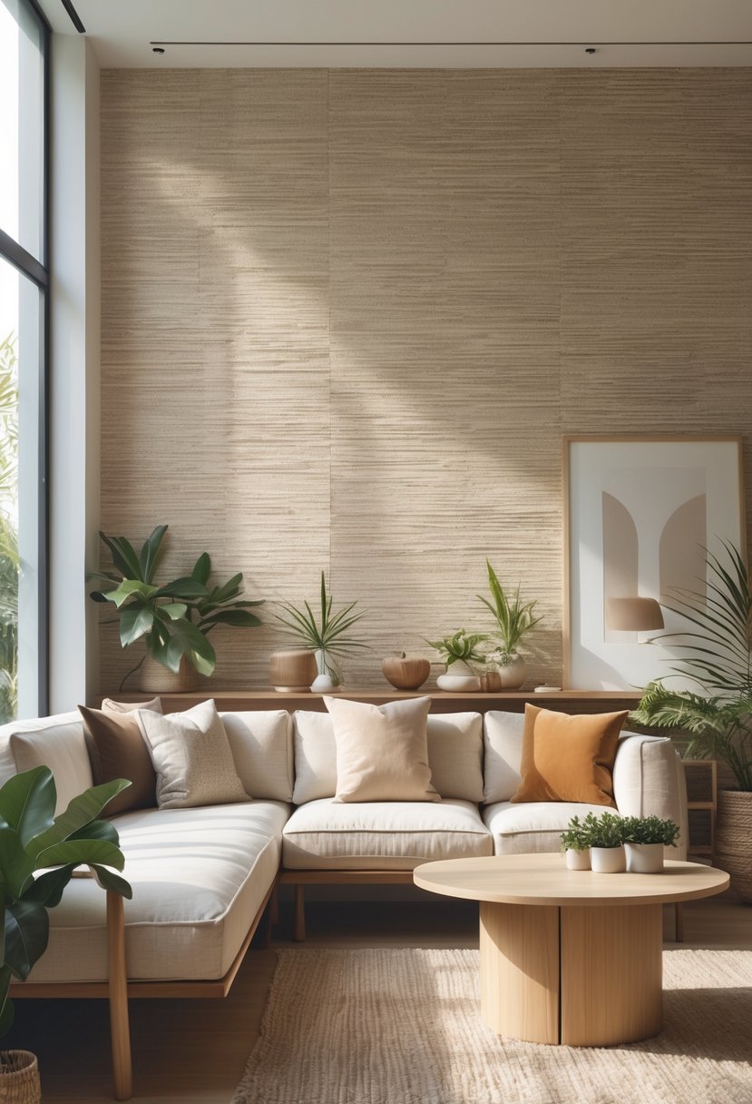 v2 14cude ufc3l A living room with textured grasscloth wallpaper, a sofa, coffee table, plants, and natural light.