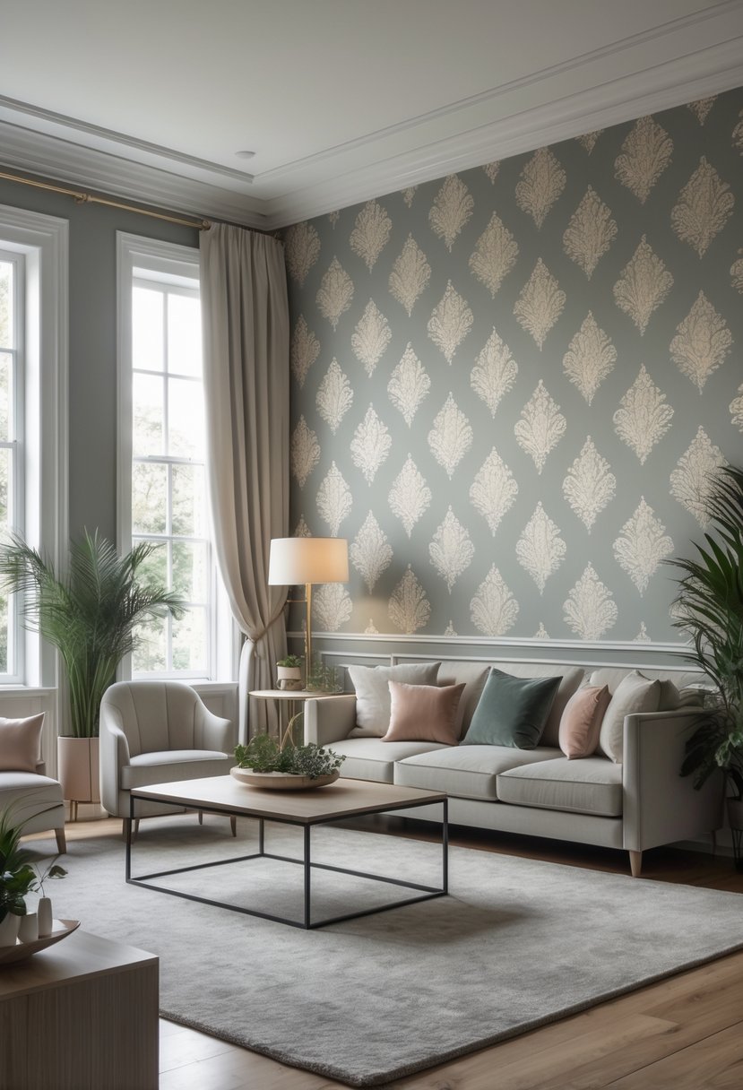 v2 14cuds A bright living room with a sofa, coffee table, and a wall covered in decorative patterned wallpaper.