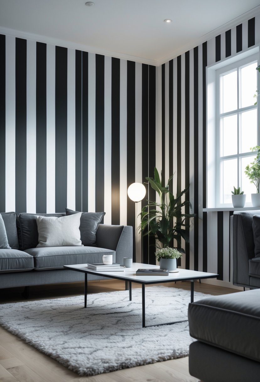 v2 14cuet 0do1b A living room with a gray sofa and a wall covered in black and white vertical striped wallpaper, illuminated by natural light from large windows.
