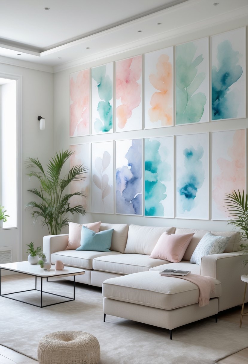 v2 14cuf5 4vyeg A living room with pastel-colored wallpaper designs on the walls, modern furniture, and natural light coming through large windows.