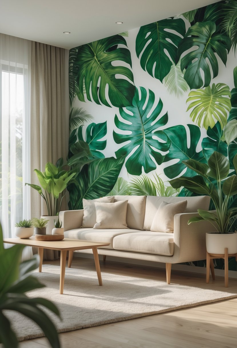 v2 14cufh yp0r2 Living room with tropical leaf wallpaper on one wall, a beige sofa, wooden coffee table, and potted plants.
