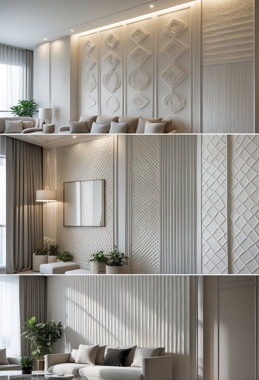 v2 14cuft h9pr5 A living room with several walls covered in different textured 3D embossed wallpapers, furnished with a sofa, coffee table, and plants.